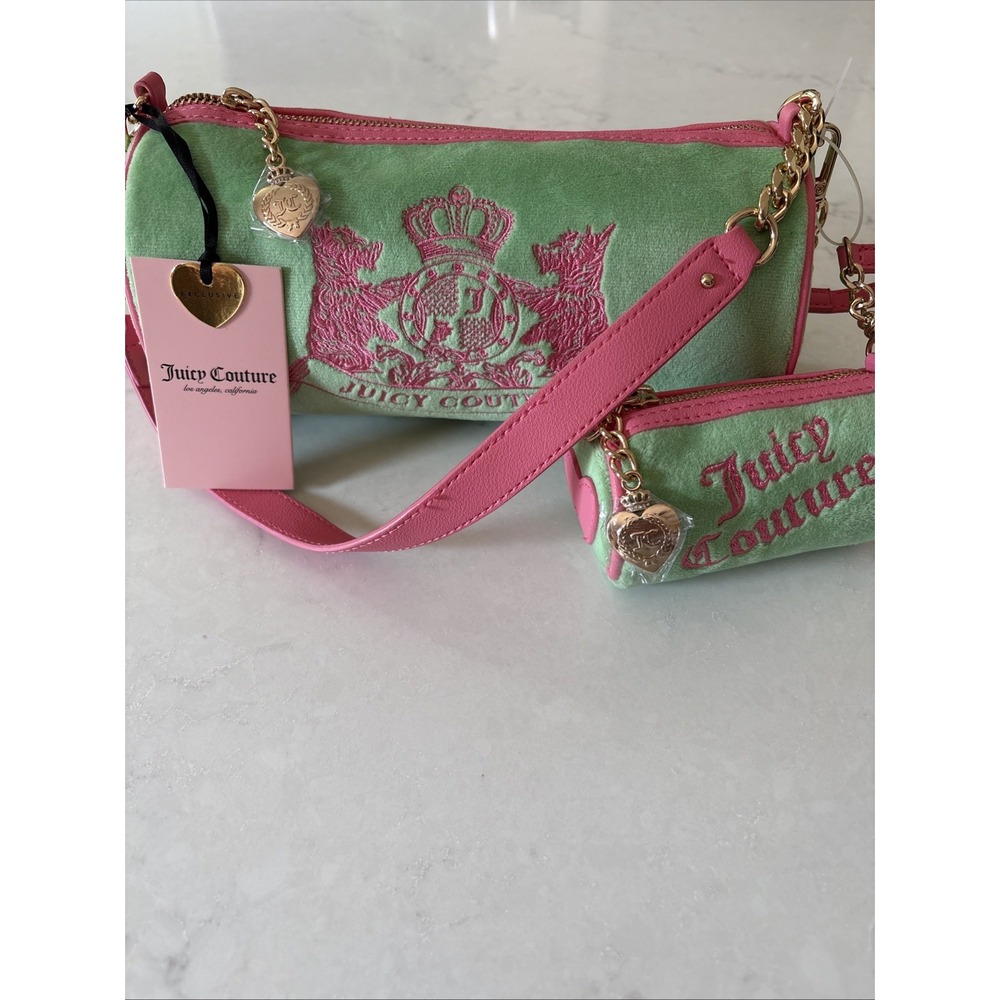 Juicy Couture Choose Scootie Dogs Barrel Bag Satchel Retro Green Pink Velvet NWT
